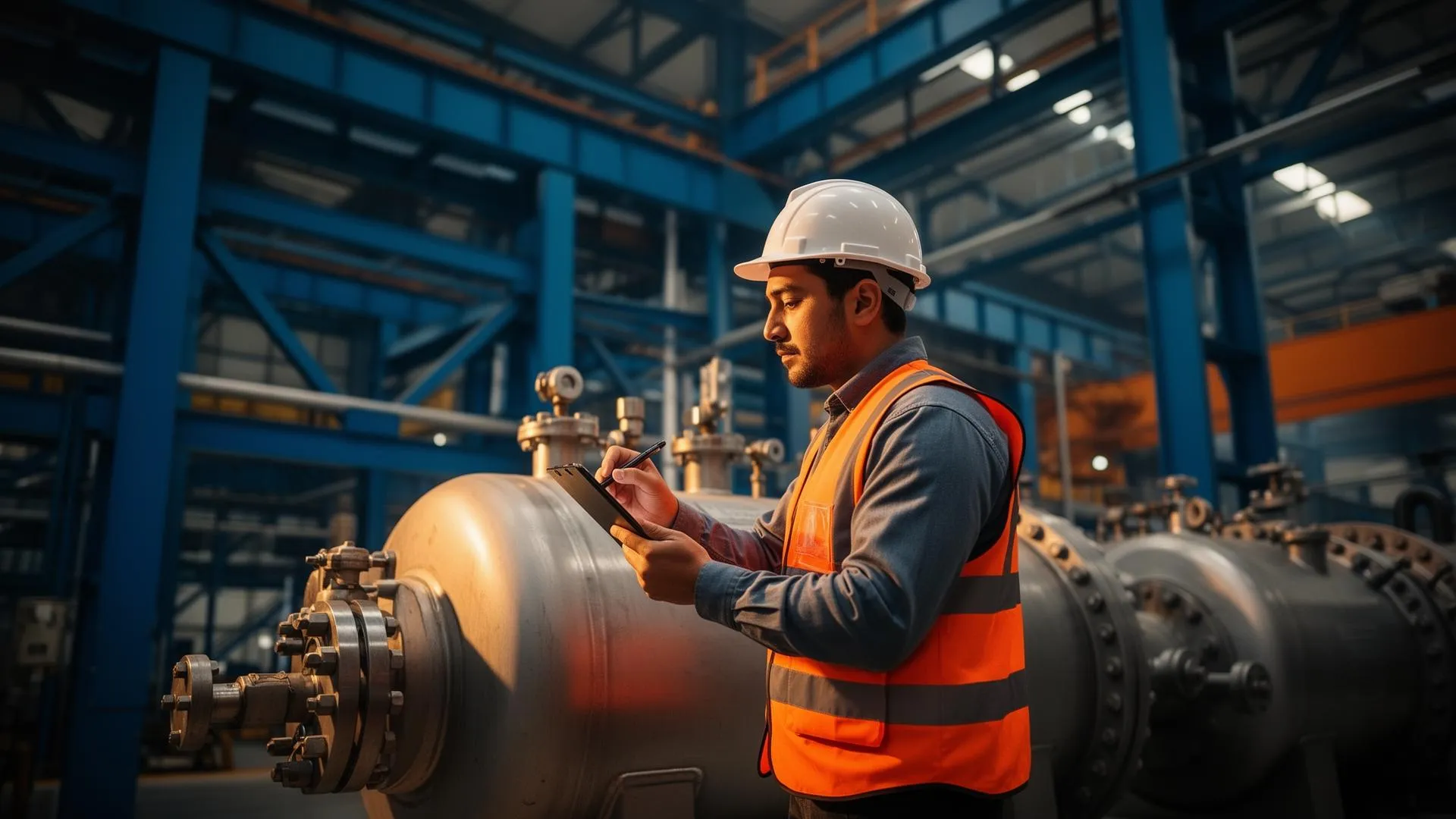 Engenheiro realizando inspeção em vaso de pressão industrial