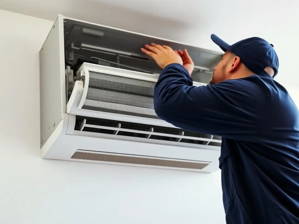 Técnico realizando manutenção em sistema de climatização conforme PMOC